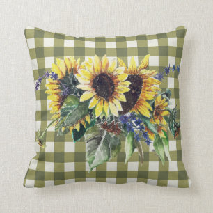 Sunflower Bouquet on Green Gingham Throw Pillow