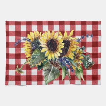 Sunflower Bouquet On Red Gingham Kitchen Towel by Eclectic_Ramblings at Zazzle