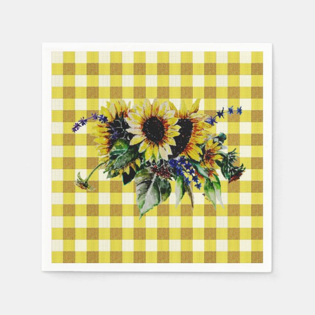Sunflower Bouquet on Yellow Gingham Paper Napkins (Front)