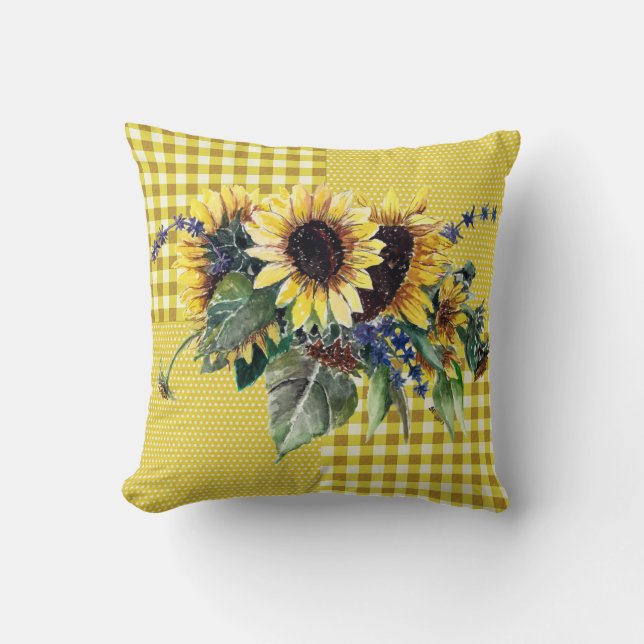 Sunflower Bouquet on Yellow Gingham Pattern Throw Pillow (Front)