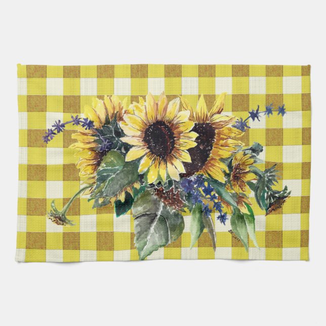Sunflower Bouquet on Yellow Gingham Towel (Horizontal)