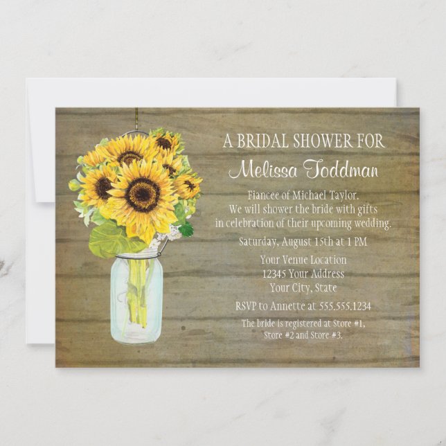 Sunflower Bouquet Rustic Country Mason Jar Bridal Invitation (Front)