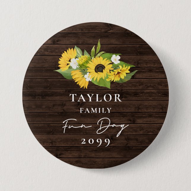Sunflower Bouquet Rustic Wood Family Reunion Button (Front)
