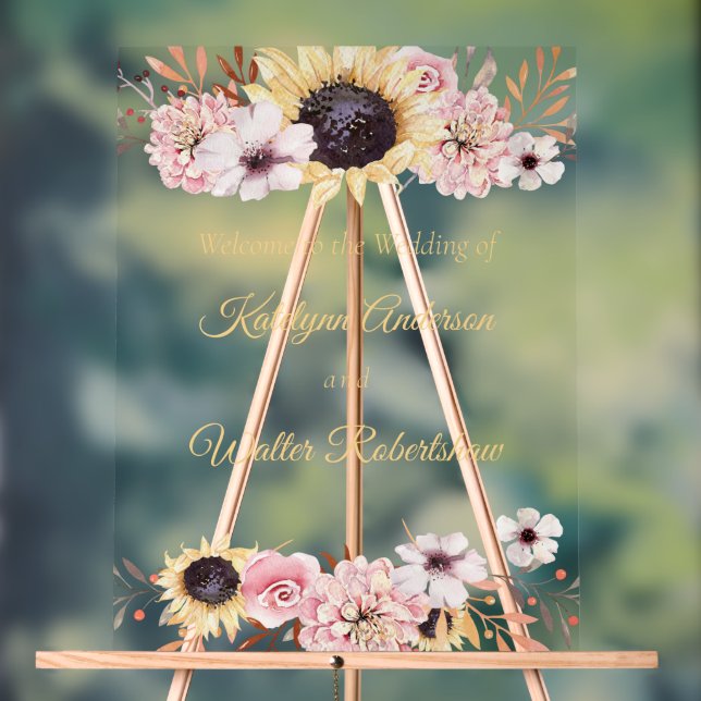 Sunflower Bouquet Wedding Welcome Acrylic Sign (Neutral)