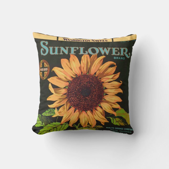 Sunflower Brand Orange Fruit Crate Label Throw Pillow (Front)