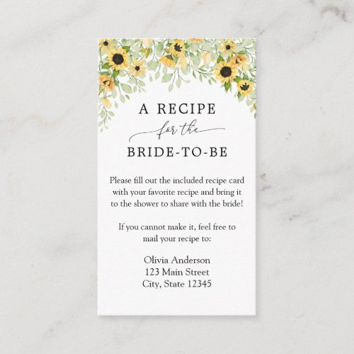 Sunflower Bridal Recipe Request  Enclosure Card