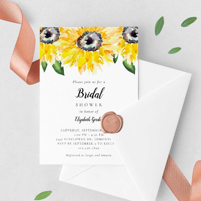 Sunflower Bridal Shower Elegant Script Watercolor Invitation (Creator Uploaded)