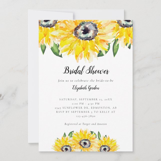 Sunflower Bridal Shower Elegant Watercolor Chic Invitation (Front)