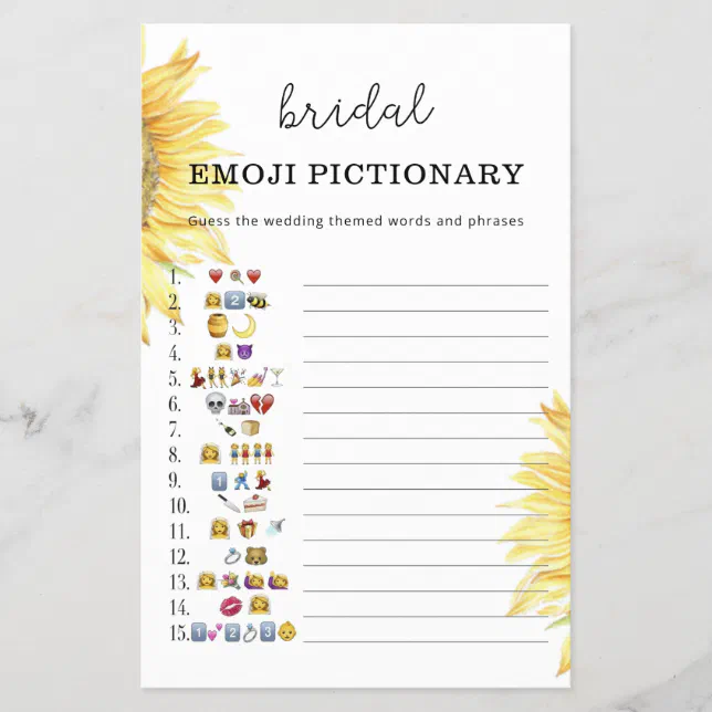 Sunflower bridal shower emoji pictionary game | Zazzle