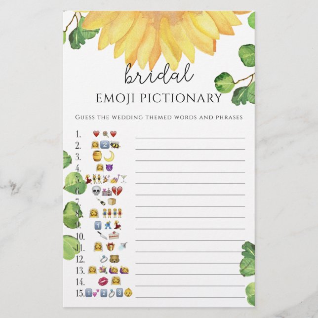 Sunflower bridal shower emoji pictionary game (Front)