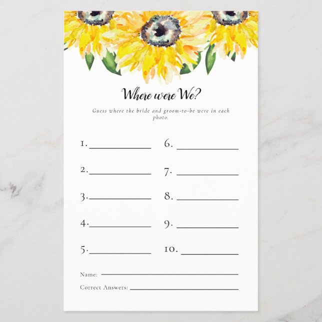 Sunflower Bridal Shower Game Where Were We Flyer (Front)