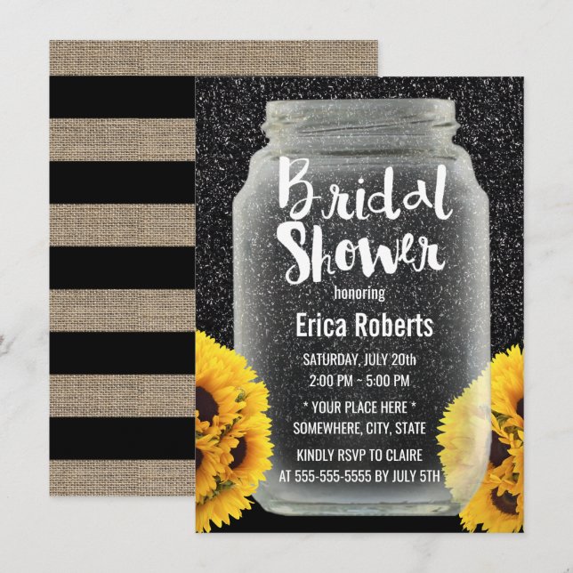 Sunflower Bridal Shower Mason Jar Black Glitter Invitation (Front/Back)