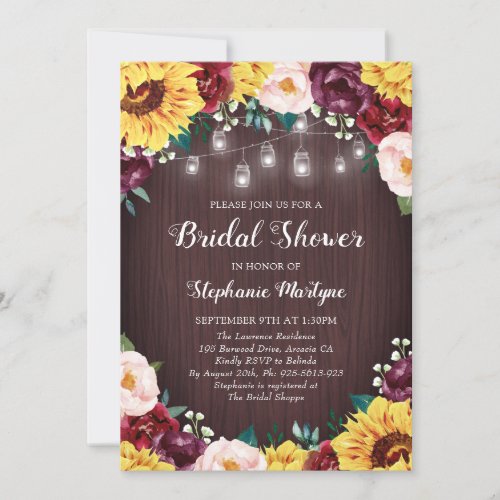 Sunflower Bridal Shower Mason Jars Burgundy Invitation