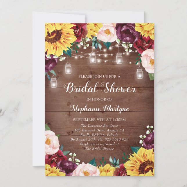 Sunflower Bridal Shower Mason Jars Lights Wood Invitation (Front)