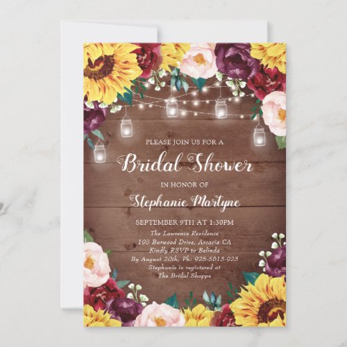 Sunflower Bridal Shower Mason Jars Lights Wood Invitation