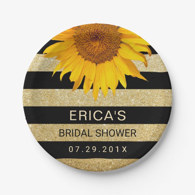 Sunflower Bridal Shower Modern Black & Gold Stripe Paper Plates (Front)