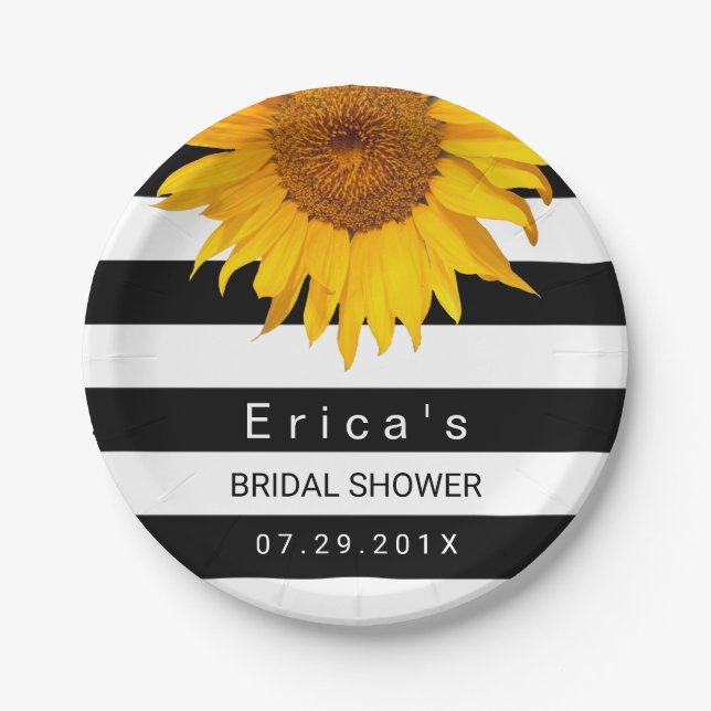 Sunflower Bridal Shower Modern Black White Stripes Paper Plates (Front)