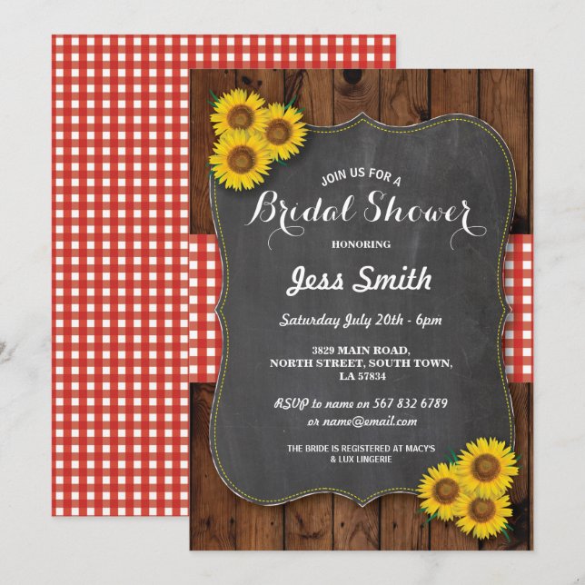 Sunflower Bridal Shower Party Rustic Chalk & Wood Invitation (Front/Back)