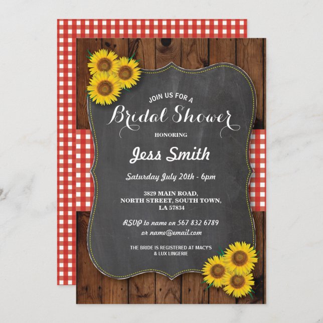 Sunflower Bridal Shower Party Rustic Chalk & Wood Invitation (Front/Back)