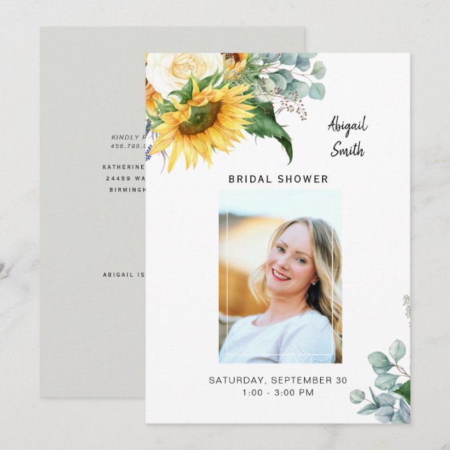 Sunflower Bridal Shower Photo Eucalyptus Invitation (Front/Back)