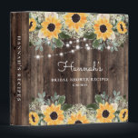 Sunflower Bridal Shower Recipe Book 3 Ring Binder<br><div class="desc">This rustic sunflower greenery country bridal shower recipe book is perfect for the bride-to-be. Collect treasured recipes from friends for the bride to enjoy. This design features watercolor sunflowers with sage greenery and string light accents on a wood background. Personalize with the bride's name and shower date.</div>