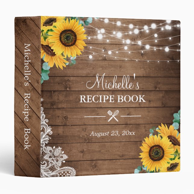 Sunflower Bridal Shower Recipe Book String Lights 3 Ring Binder (Front/Spine)