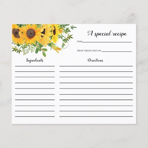 Sunflower Bridal Shower Recipe card