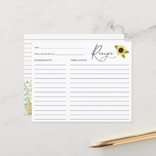 Sunflower Bridal Shower Recipe card