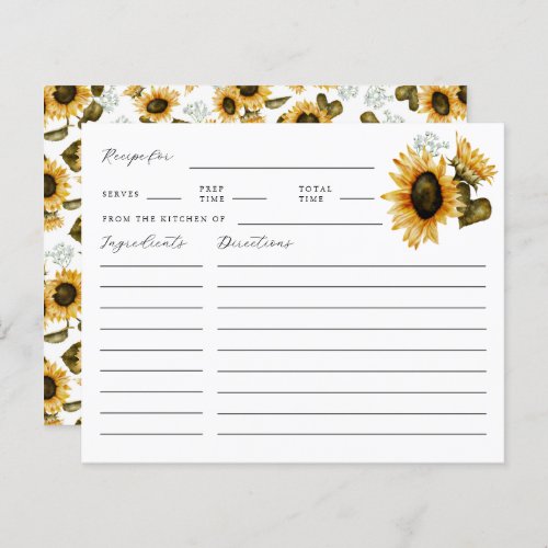 Sunflower Bridal Shower Recipe Card