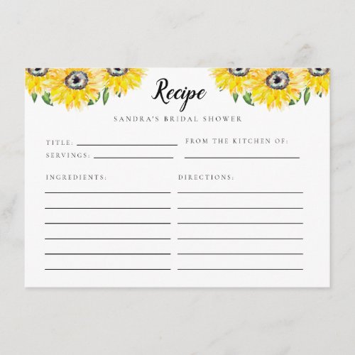 Sunflower Bridal Shower Recipe Card Watercolor 