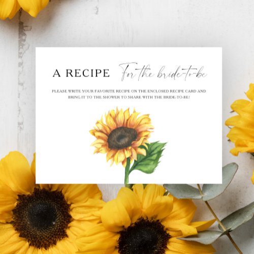 Sunflower bridal shower Recipe for the bride to be Enclosure Card