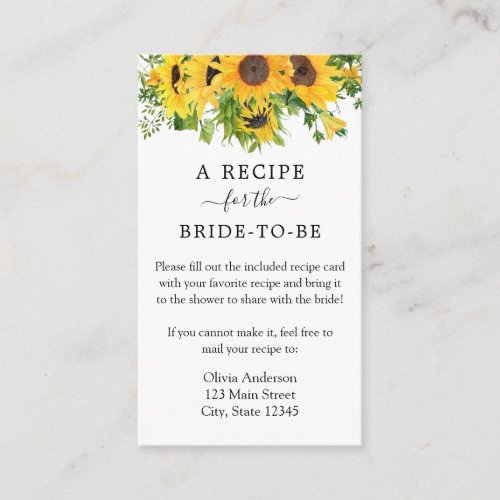 Sunflower Bridal Shower Recipe Request Enclosure Card