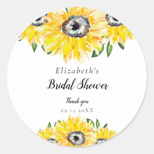 Sunflower Bridal Shower Script Modern Floral Chic Classic Round Sticker