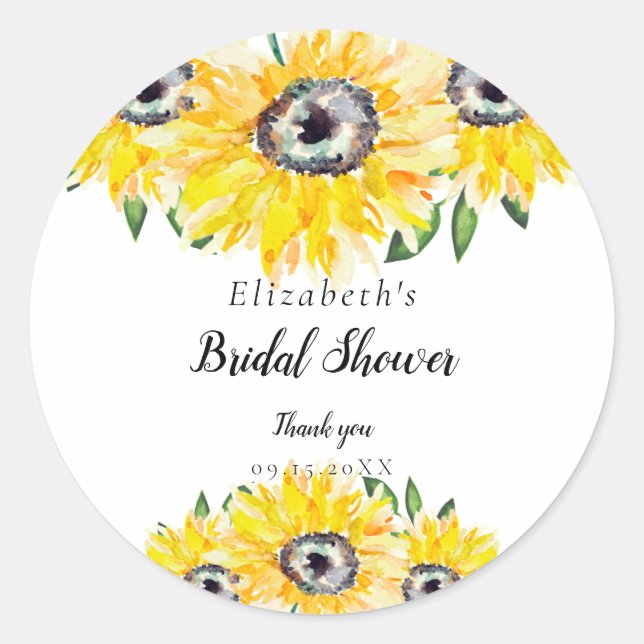 Sunflower Bridal Shower Script Modern Floral Chic Classic Round Sticker (Front)