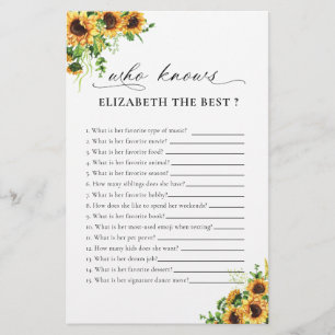 Sunflower Bridal Shower Shoe Game Card