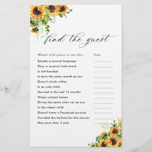 Sunflower Bridal Shower Shoe Game Card