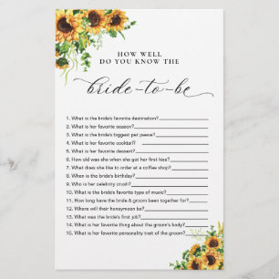Sunflower Bridal Shower Shoe Game Card