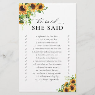 Sunflower Bridal Shower Shoe Game Card