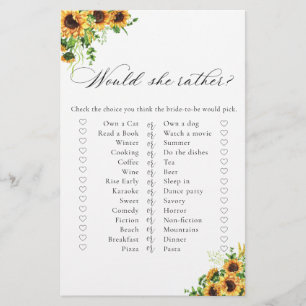 Sunflower Bridal Shower Shoe Game Card