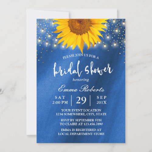 Sunflower Bridal Shower String Lights Navy Blue Invitation
