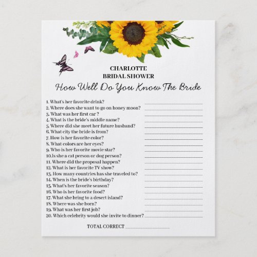 Sunflower Bridal Shower Trivia Question Flyer
