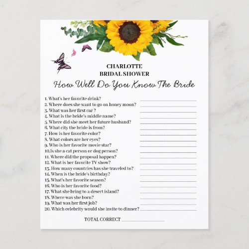 Sunflower Bridal Shower Trivia Question Flyer