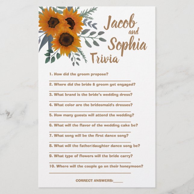 SUNFLOWER BRIDE & GROOM TRIVIA SHOWER GAME CARD FLYER (Front)