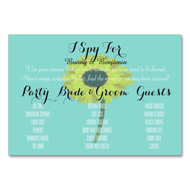 Sunflower Bride Photo Wedding Table Game Cards (Front)