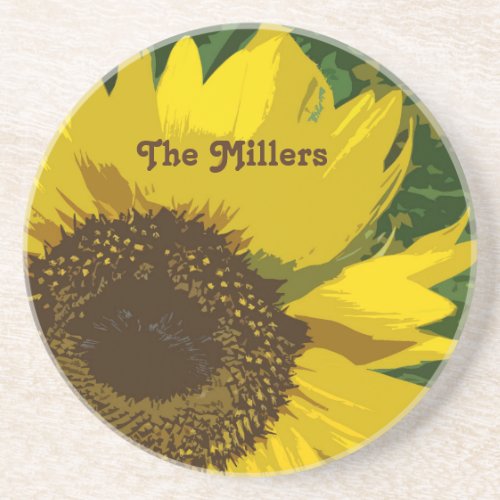 Sunflower Bright Yellow Flower Family Name Floral Coaster