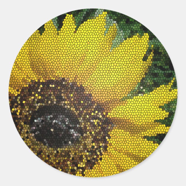 Sunflower Bright Yellow Mosaic Pattern Floral Classic Round Sticker (Front)