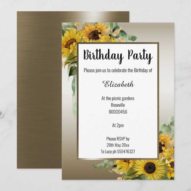 SUNFLOWER BRONZE BOTANICAL FLORAL EUCALYPTUS INVITATION (Front/Back)