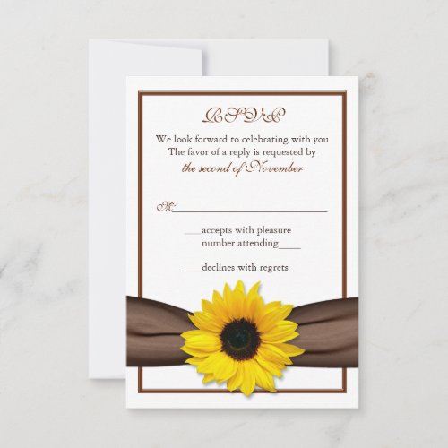 Sunflower Brown Ribbon Wedding RSVP Reply Card