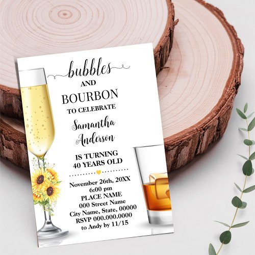 Sunflower Bubbles  Bourbon Adults Birthday Invitation
