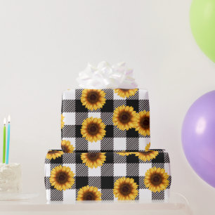 Sunflower Buffalo Plaid Black White Wrapping Paper